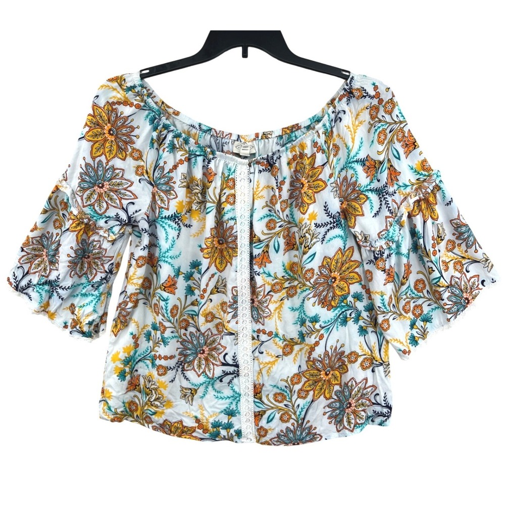 St. John's Bay Floral Off Shoulder Peasant Top Womens L Boho Bell Sleeve Crochet